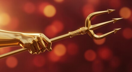 Golden trident held in a gleaming hand against a fiery background
