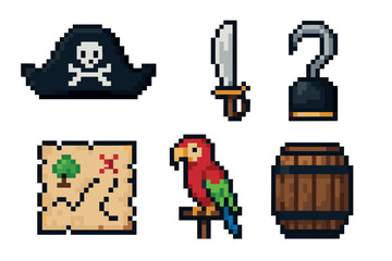 Pixel art collection of pirate-themed items including a pirate hat, sword, hook, treasure map, colorful parrot, and barrel, each designed in a retro 8-bit style.