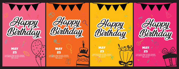 Modern Birthday Cards and Posters Set — Colorful Vector Illustrations with Balloons, Cake, Gifts, and Party Decorations