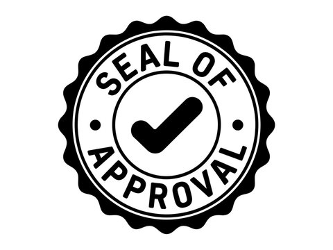 A black and white seal of approval with a checkmark is shown.