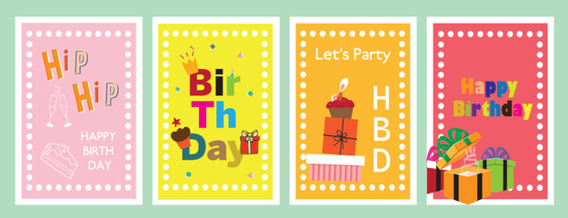 Playful Birthday Poster and Card Set with Colorful Typography, Gifts, and Cupcakes — Modern Vector Templates for Party Invitation and Celebration Design