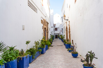 Fototapeta premium Rabat, Morocco – Traditional Narrow Street in the Medina with Whitewashed Walls and Wooden Doors