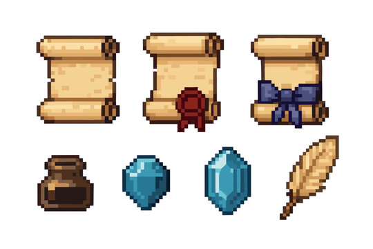 Pixel art style objects including three rolled parchment scrolls, an ink pot, two blue gems, and a brown feather quill, detailed in a retro gaming theme.