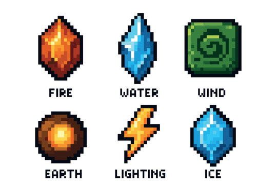 Six pixel art elemental icons representing fire, water, wind, earth, lightning, and ice, each with distinct colors and shapes.