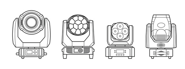Detailed line-art illustration of four professional moving head stage lights. Clean technical outlines showcase different lighting fixtures used in concerts, events, and studio production.