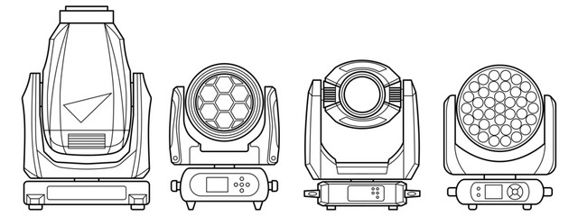 Detailed line-art illustration of four professional moving head stage lights. Clean technical outlines showcase different lighting fixtures used in concerts, events, and studio production.