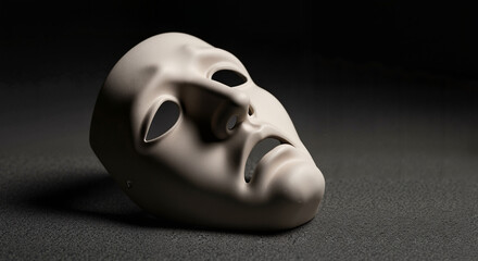 Neutral expressionless mask lying on textured surface, dramatic lighting and shadows