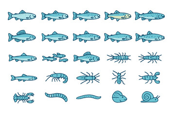Freshwater fish and aquatic macroinvertebrates icon set on dark gradient background