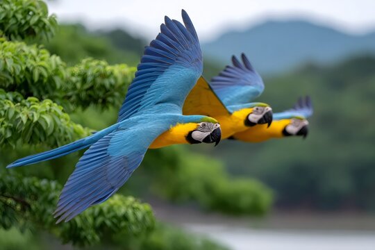 Blue and yellow macaws flying over green forest and water