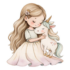 Elegant princess hugging pastel unicorn watercolor clipart © ThemeRage