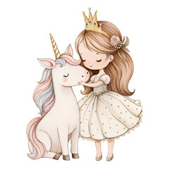 Cute Princess with Unicorn – Fairytale Girl and Magical Pony Watercolor Clipart