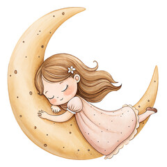 Watercolor sleeping girl on crescent moon clipart © ThemeRage