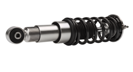 Detailed cross-section view of a modern automotive suspension system, showcasing the complex internal components of a shock absorber and coil spring assembly, isolated on transparent background