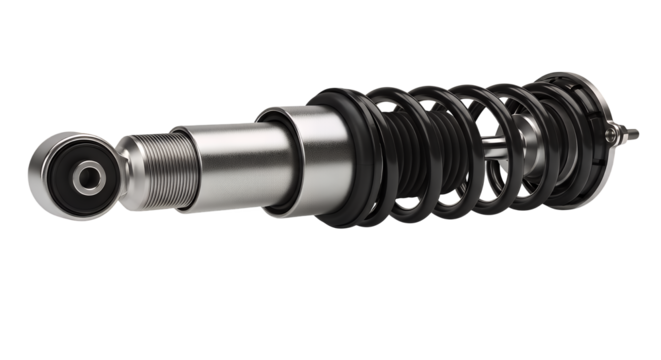 Detailed cross-section view of a modern automotive suspension system, showcasing the complex internal components of a shock absorber and coil spring assembly, isolated on transparent background