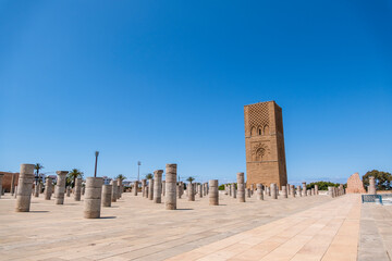 Rabat, Morocco &ndash; The Mausoleum of Mohammed V, an architectural masterpiece of Moroccan craftsmanship, stands elegantly under a clear blue sky