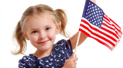 A Cheerful Young Girl Celebrates with a Waving Flag, Expressing Joy and Patriotism on a White Background