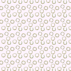 Elegant seamless Christmas pattern with hand-drawn watercolor wreaths and holly leaves arranged in a soft repeating grid on a pale pink background.