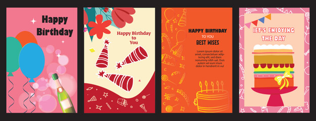 Colorful Birthday Poster and Card Set with Balloons, Cake, Party Hats, and Champagne Bottle — Festive Vector Design for Celebration Invitations and Greeting Cards