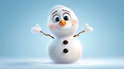 Obraz premium Cheerful snowman character with a big smile, bright blue eyes, and orange carrot nose, standing in a winter landscape, embodying joy and holiday spirit in a playful design