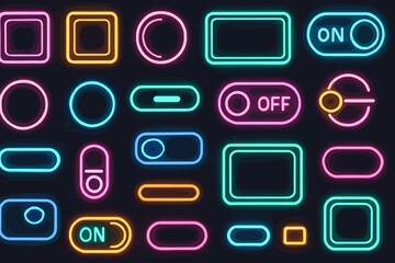 Neon UI switch and button icons seamless pattern on dark