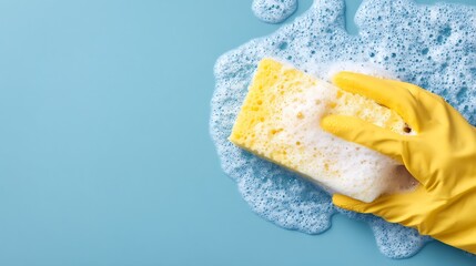 A Close-Up of Cleaning Tools: Sponge, Bubbles, and a Yellow Glove on a Blue