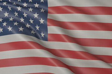 Realistic 3D USA Flag Close-Up – American Stars and Stripes Waving Fabric Texture Background