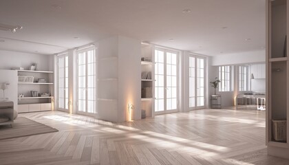 Bright Minimalist Open Plan Living Space in White Interiors with Large Windows