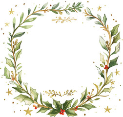 Festive circular Christmas wreath made of green leaves, red berries, and golden stars on a dark background, radiating warmth and holiday charm.