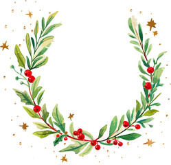 Elegant circular Christmas wreath made of green foliage and golden stars, creating a festive, sparkling frame