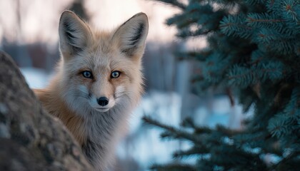 Fototapeta premium Wildlife portrait captures alert wild canine peeking from behind natural elements in cool weather