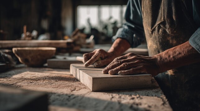 Artisan shaping decorative concrete piece by hand in workshop, craftsmanship process
