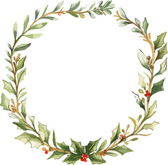 Delicate circular Christmas wreath made of green leaves, red berries, and golden accents, perfect for elegant holiday frames or festive invitations.