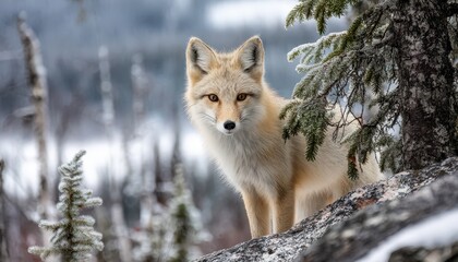 Light colored wild canine peeks from behind frosted tree branches in a wintry outdoor setting