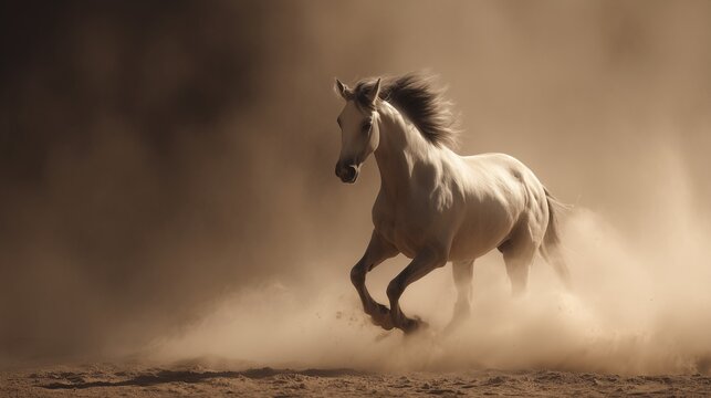 Horse galloping through light dust cloud with soft sunlight haze, majestic zodiac horse symbol