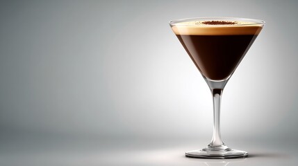 A Martini Glass Filled with a Dark Liquid, Topped with a Light Layer and Cocoa Powder on a Gradient Grey Background