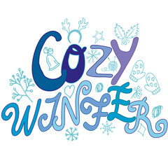 cozy winter lettering , framed by winter and plant elements