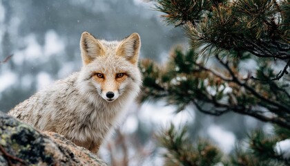 Light colored wild canine sits among snowy wilderness and dark green foliage