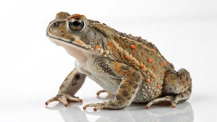 Fototapeta premium Macro studio portrait of an Oak Toad (Anaxyrus quercicus) with a distinctive dorsal stripe, isolated on white.