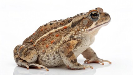 Fototapeta premium Macro studio portrait of an Oak Toad (Anaxyrus quercicus) with a distinctive dorsal stripe, isolated on white.