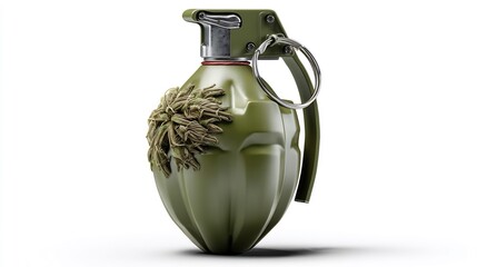 A stylized, olive-green military hand grenade adorned with a decorative floral element, isolated on a white background.