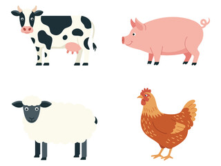 A cow, pig, sheep, and chicken are depicted against a white background.