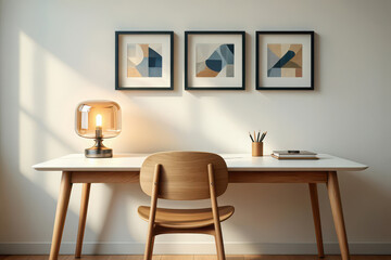 Fototapeta premium Modern minimalist home office setup with desk, chair, lamp, and abstract wall art