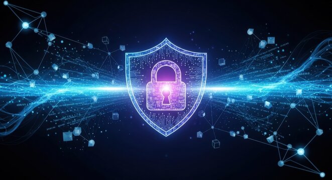 Digital shield and lock representing cybersecurity and data protection