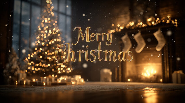 Cinematic snowy Christmas night with glowing tree, warm fireplace, kids opening gifts, festive décor, golden “Merry Christmas.”