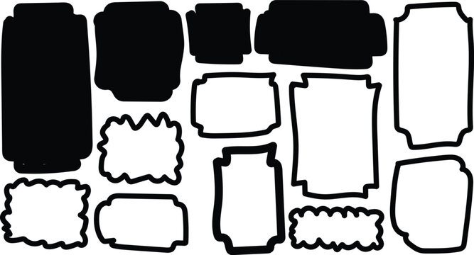 Collection of diverse hand drawn irregular shapes and frames in black and white