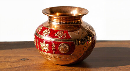 Intricate copper vase with red and gold embellishments resting on a wooden table