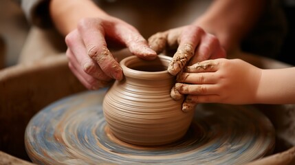 Adult and Child Hands Shaping Clay Pot on a Rotating Wheel, Creative Pottery Process and Learning Together