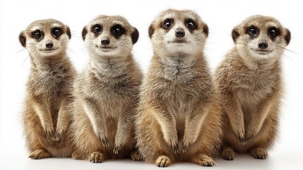 Adorable Group of Four Small Mammals Posing Together on a White Background, Smiling and Alert