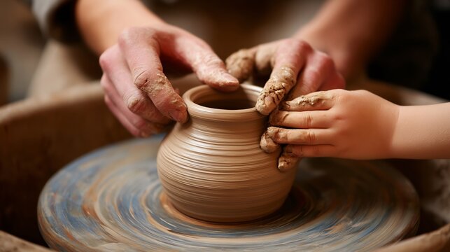 Adult and Child Hands Shaping Clay Pot on a Rotating Wheel, Creative Pottery Process and Learning Together