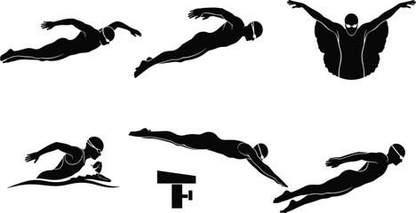 Swimmer silhouette set, professional swimming poses illustration, butterfly freestyle and dive technique vector, athlete training motion design template